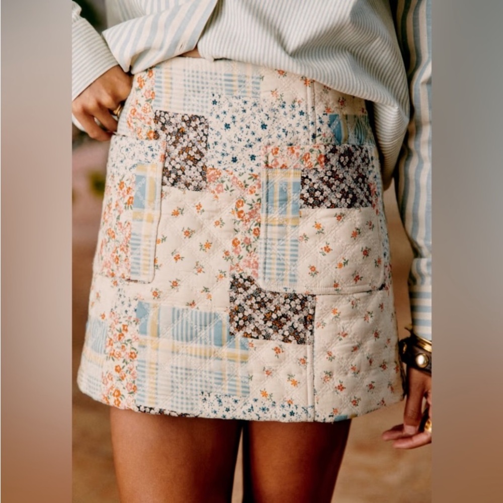 Sezane Quilted Patchwork Mini Skirt in Cream, Blue, Brown